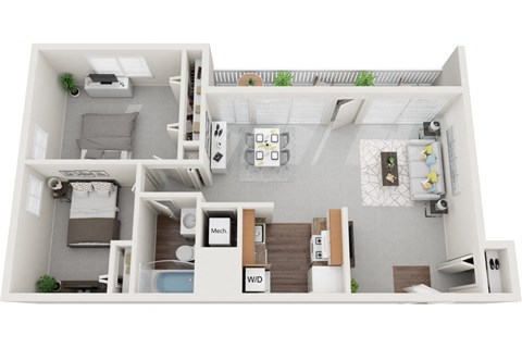 Floor plan for 2 beds, 1 bath, 654 sqft